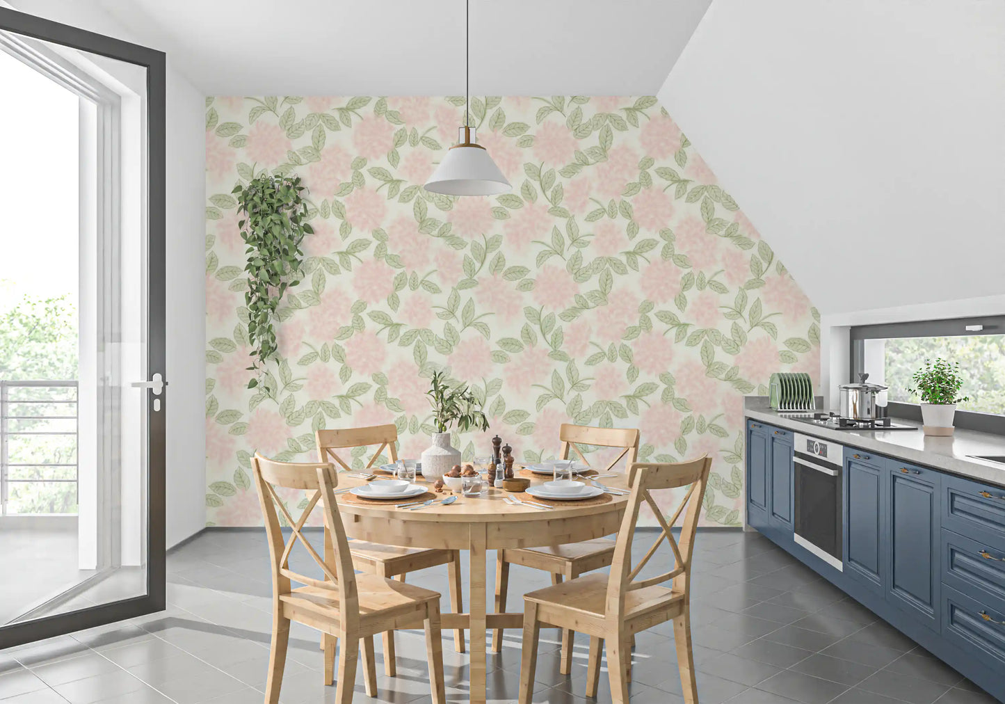 Blush Bloom botanisk skitsetapet