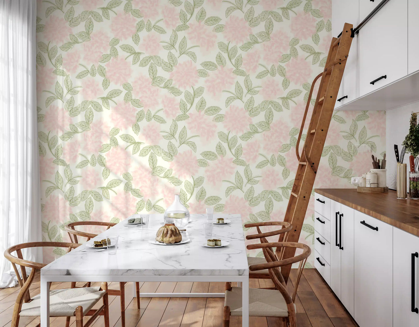 Blush Bloom botanisk skitsetapet
