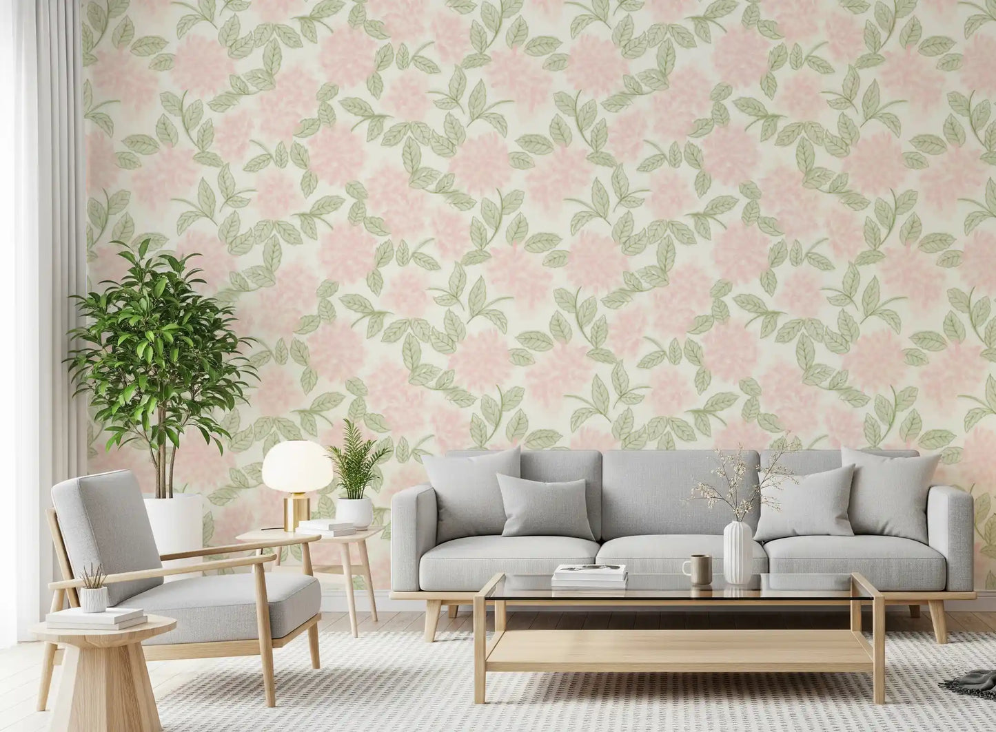 Blush Bloom botanisk skitsetapet