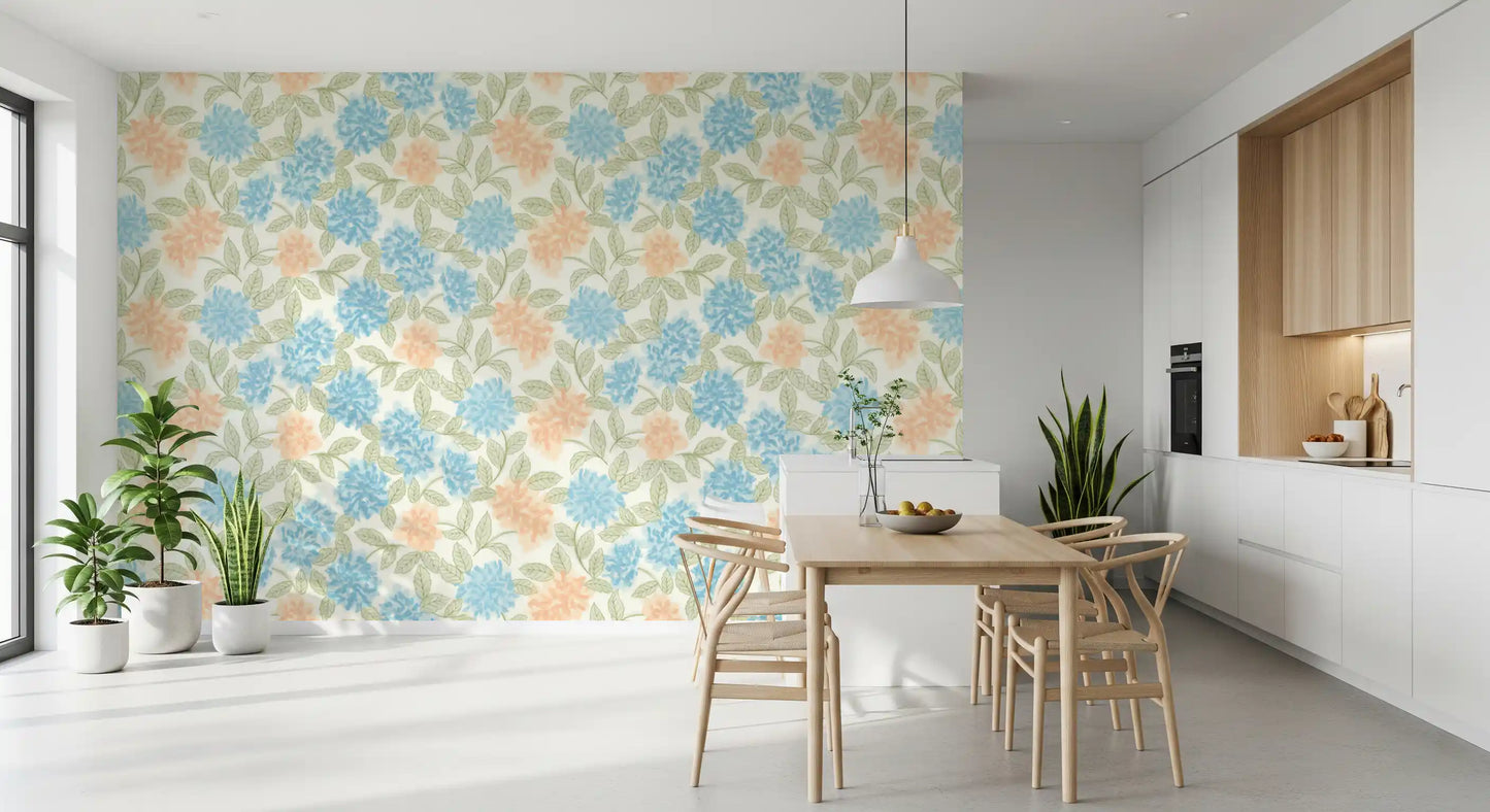 Akvarel med azurblå og ferskenfarvede blomster – tapet