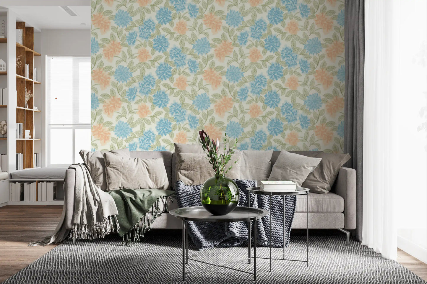 Akvarel med azurblå og ferskenfarvede blomster – tapet