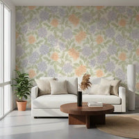 Puna- ja periwinkle-sävyinen puutarhapiirros-tapetti