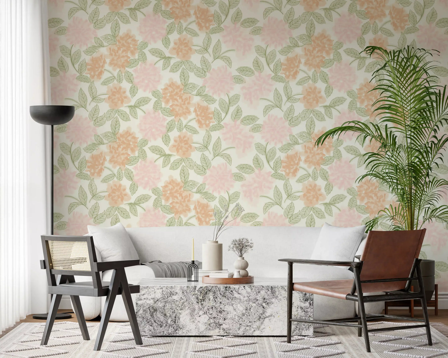 Serene Peony and Leaf Bloom Wallpaper⁠