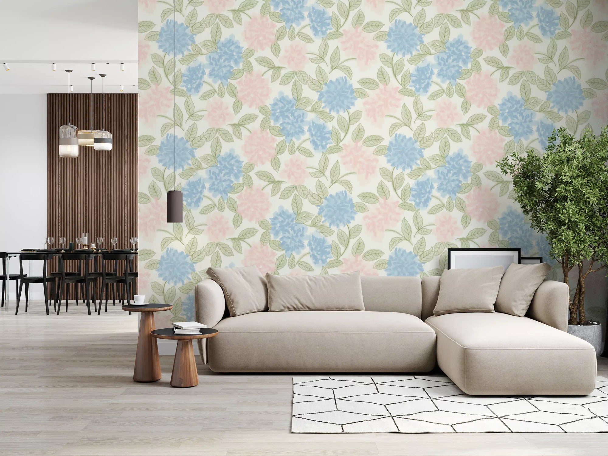 Carta da parati con delicati fiori di ortensia ad acquerello