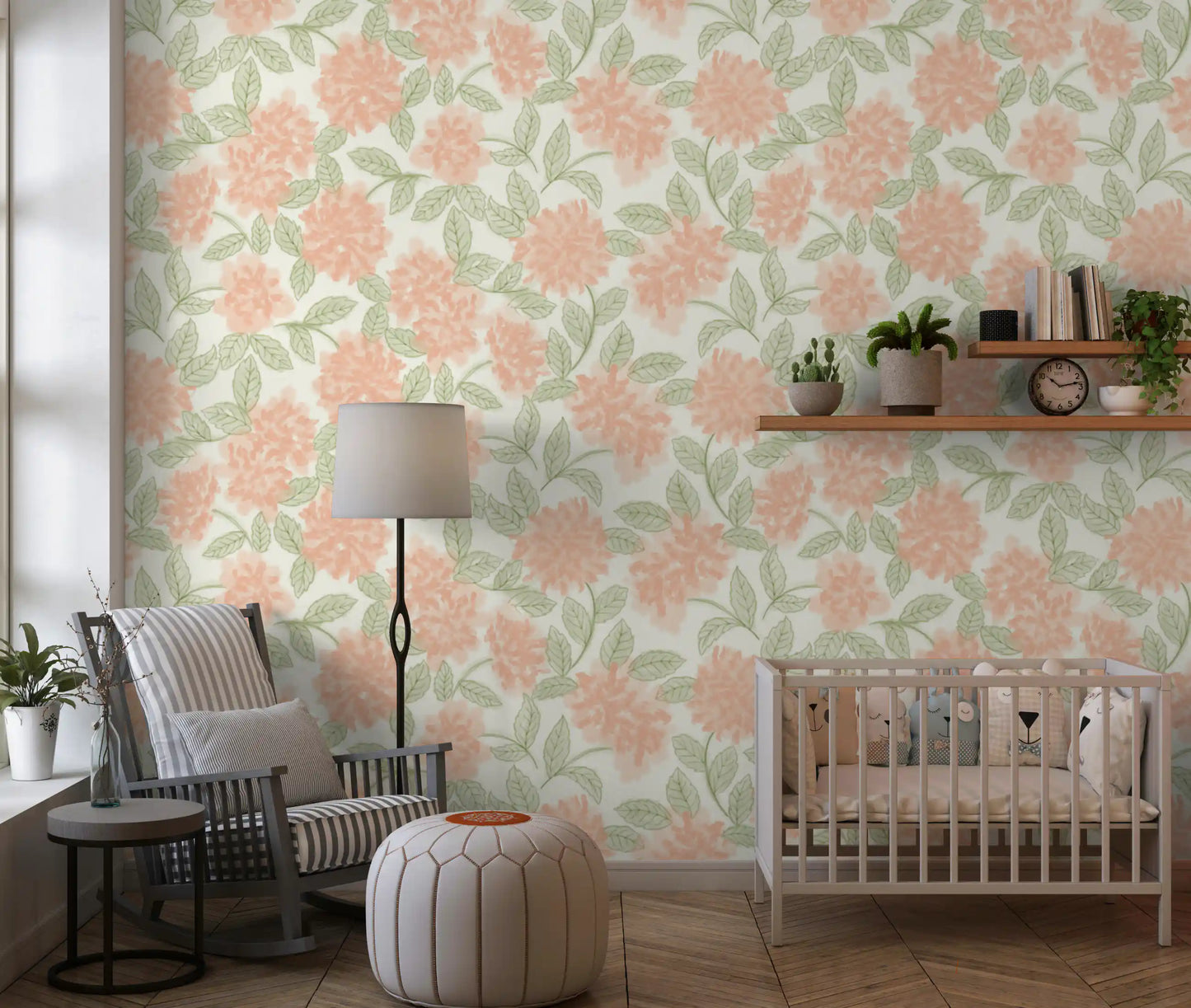 Minimalist Botanical Sage and Peach Garden Wallpaper⁠