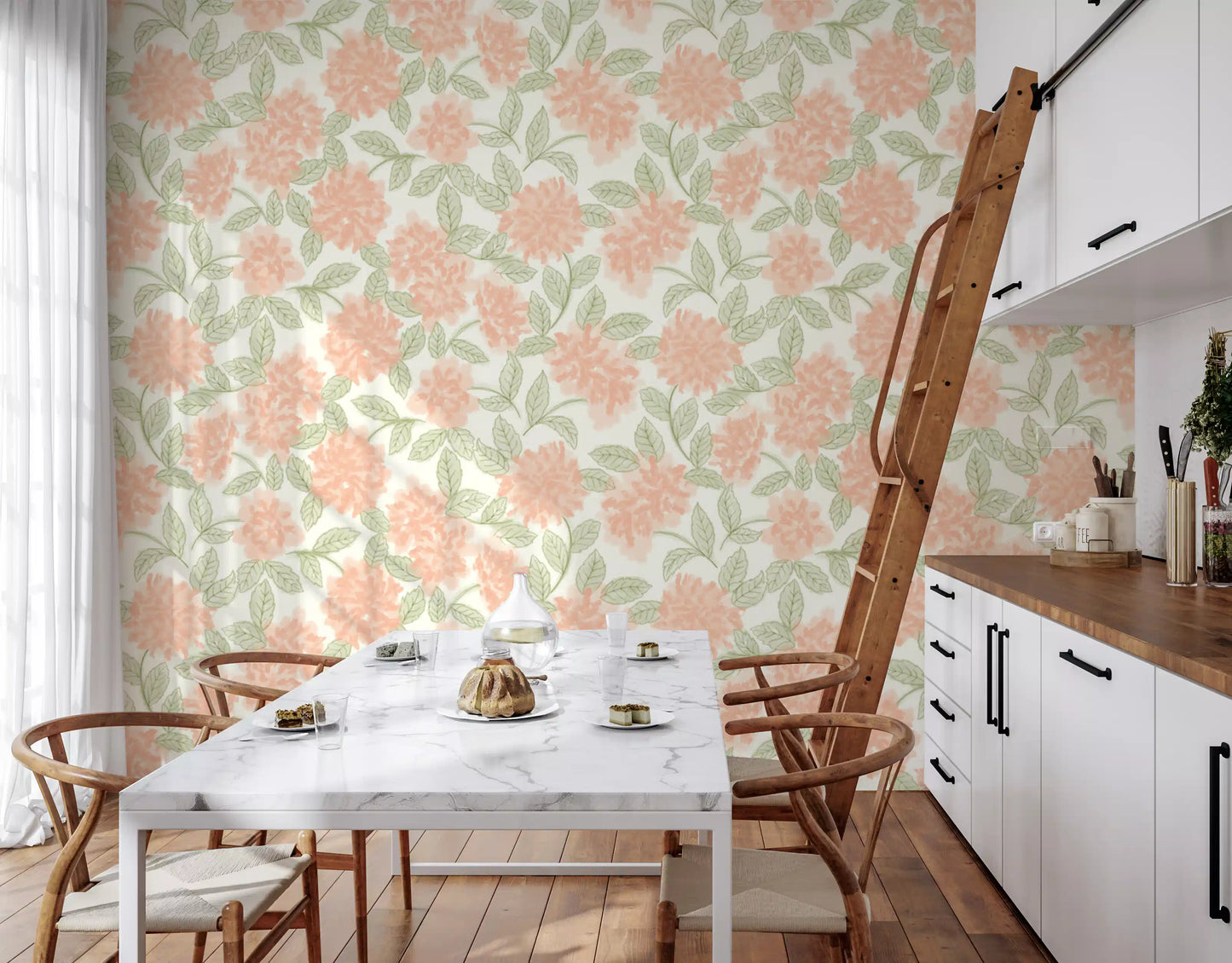 Minimalist Botanical Sage and Peach Garden Wallpaper⁠