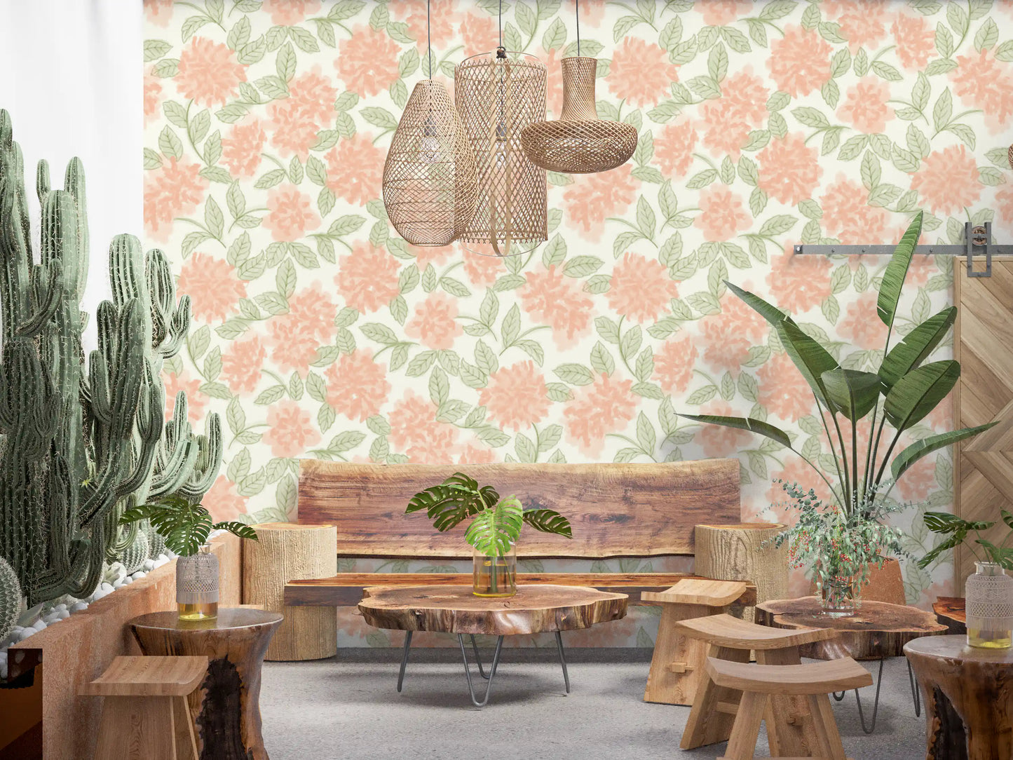 Minimalist Botanical Sage and Peach Garden Wallpaper⁠