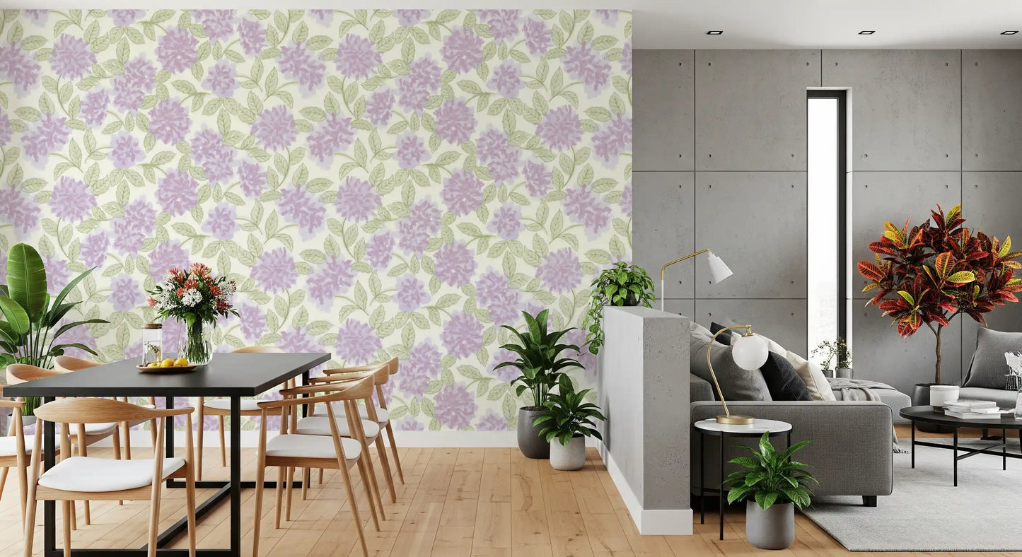 Botanisk tapet med bløde lavendelfarvede blomster
