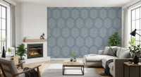 Boho-Gemälde – Abstrakte Mudcloth-Hexagone, ethnisches geometrisches Muster, Jeansjacke-Blau, Tapete
