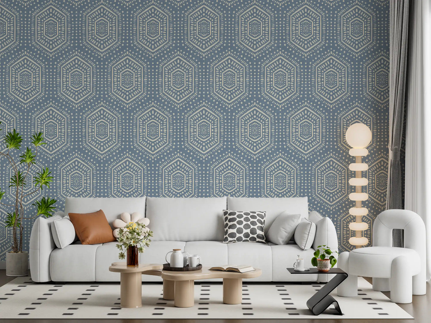 Boho-Gemälde – Abstrakte Mudcloth-Hexagone, ethnisches geometrisches Muster, Jeansjacke-Blau, Tapete