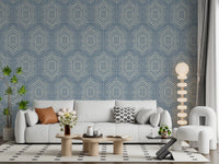 Boho-Gemälde – Abstrakte Mudcloth-Hexagone, ethnisches geometrisches Muster, Jeansjacke-Blau, Tapete