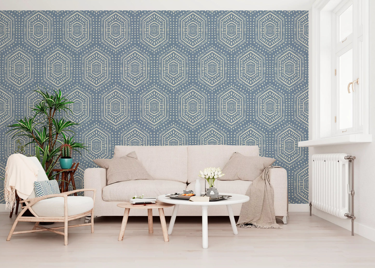 Boho-Gemälde – Abstrakte Mudcloth-Hexagone, ethnisches geometrisches Muster, Jeansjacke-Blau, Tapete
