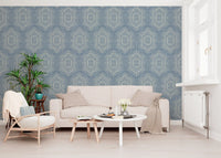 Boho-Gemälde – Abstrakte Mudcloth-Hexagone, ethnisches geometrisches Muster, Jeansjacke-Blau, Tapete