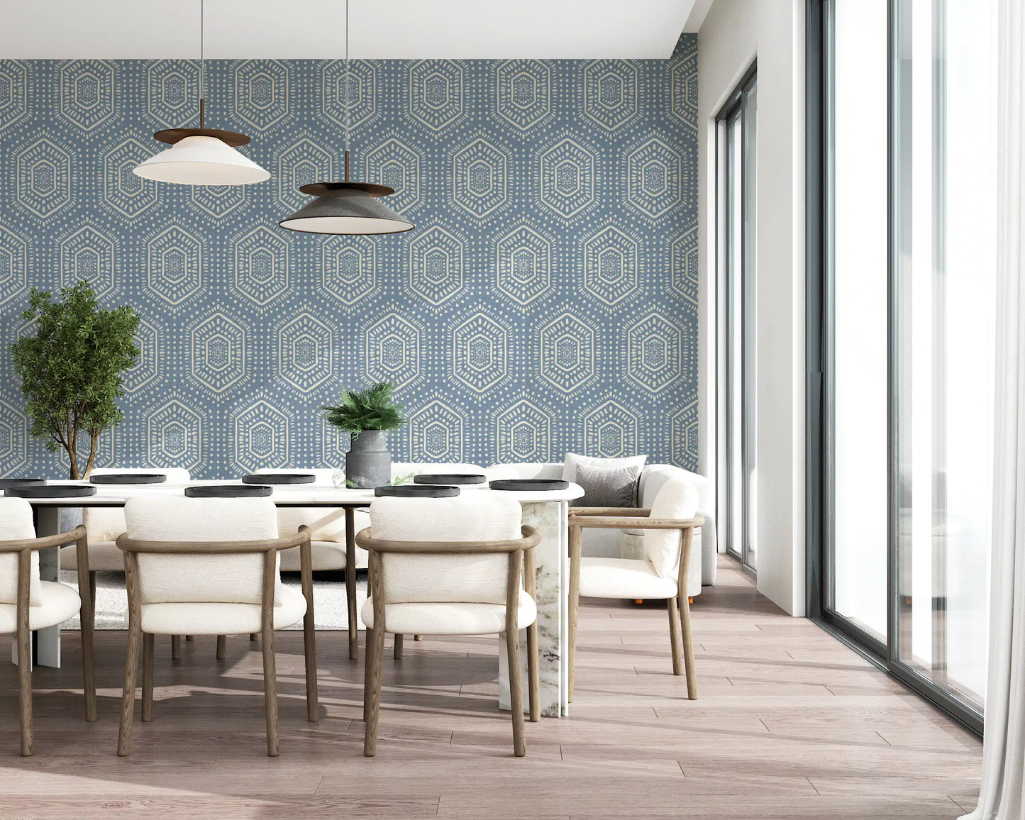 Boho-Gemälde – Abstrakte Mudcloth-Hexagone, ethnisches geometrisches Muster, Jeansjacke-Blau, Tapete