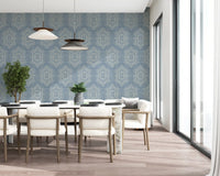 Boho-Gemälde – Abstrakte Mudcloth-Hexagone, ethnisches geometrisches Muster, Jeansjacke-Blau, Tapete