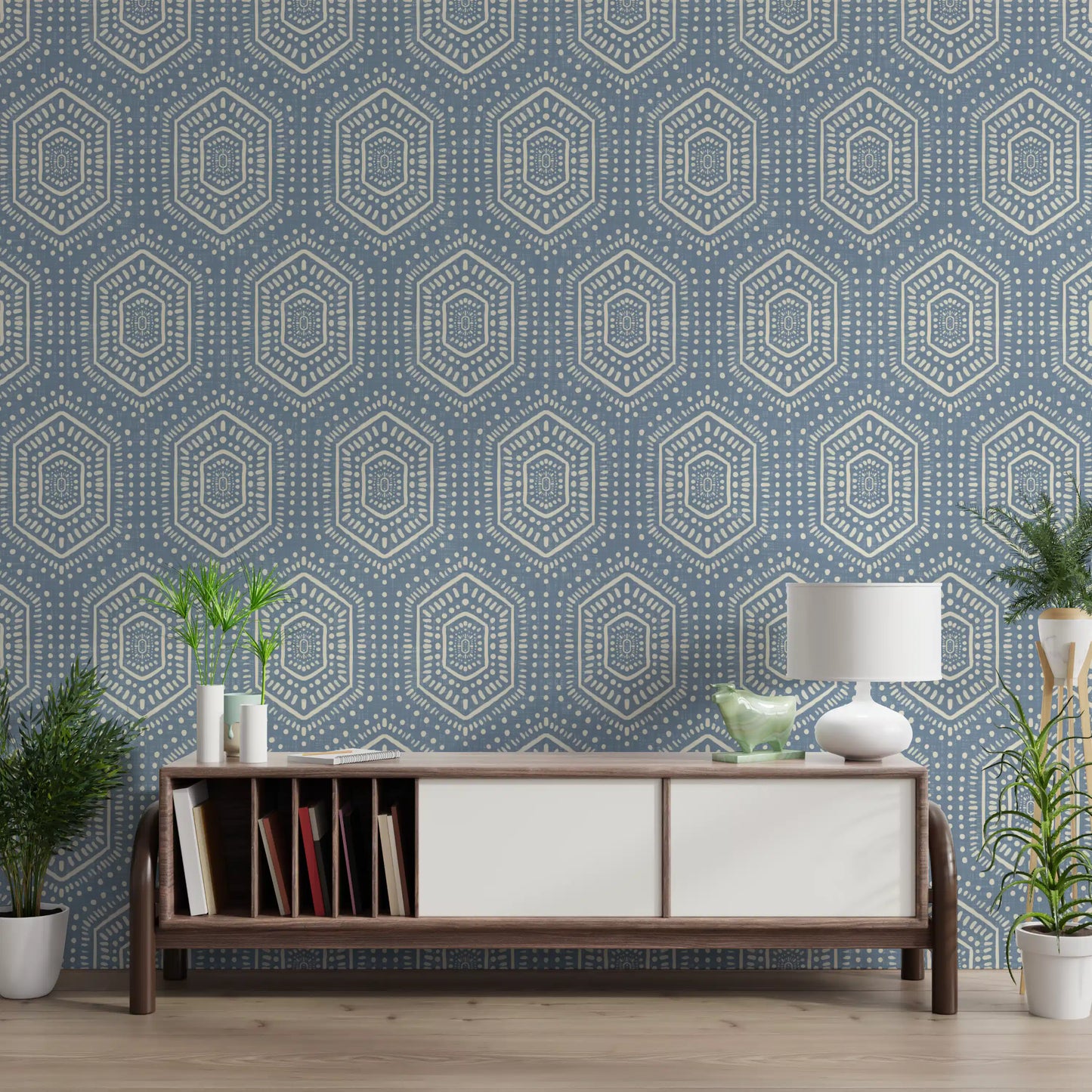 Boho-Gemälde – Abstrakte Mudcloth-Hexagone, ethnisches geometrisches Muster, Jeansjacke-Blau, Tapete