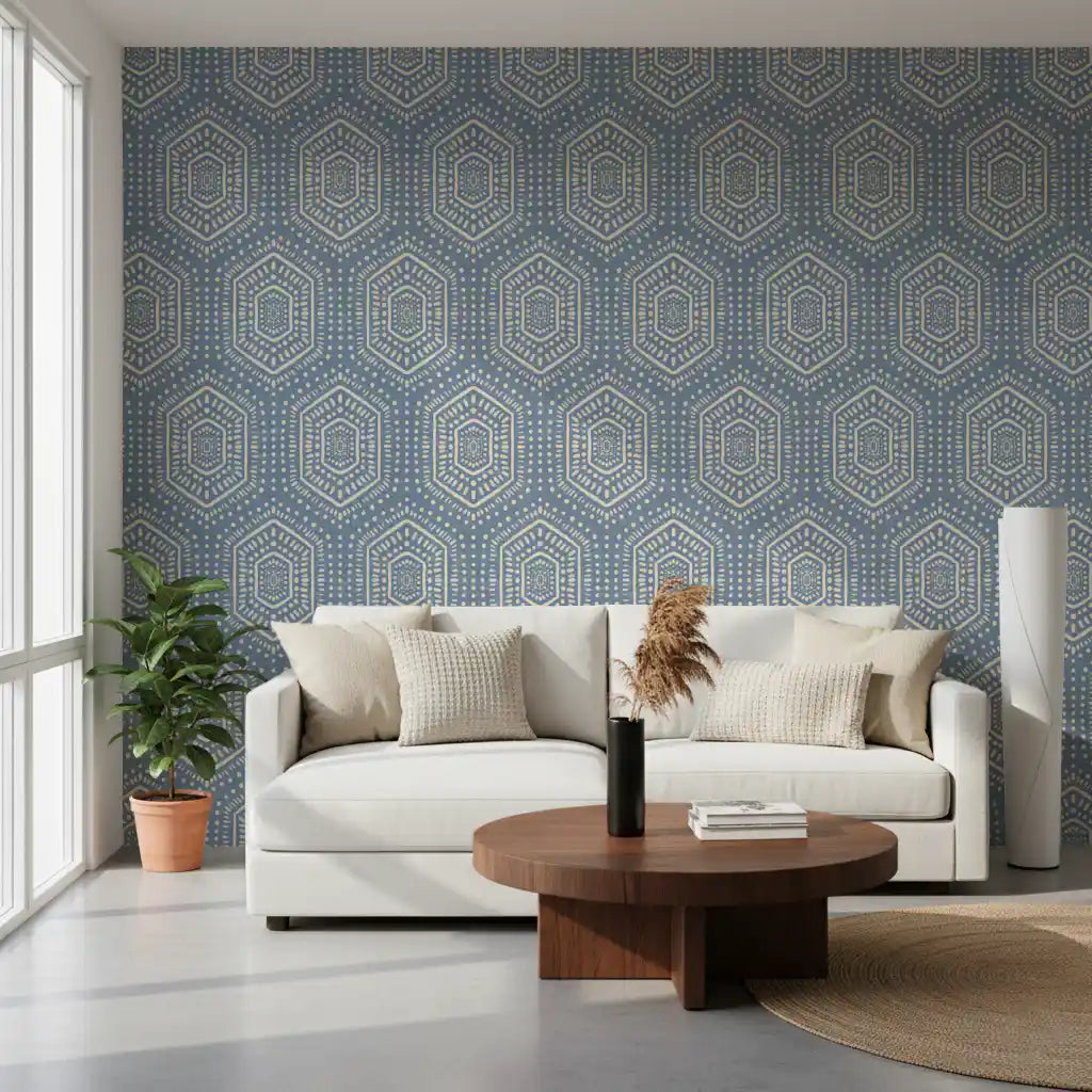 Boho-Gemälde – Abstrakte Mudcloth-Hexagone, ethnisches geometrisches Muster, Jeansjacke-Blau, Tapete