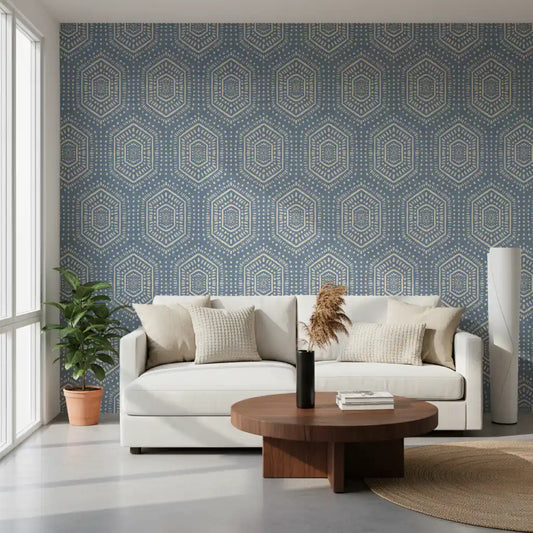 Boho Painted - Abstract Mudcloth Hexagons Tribal Geometric Pattern Jeans Jacket Blue Wallpaper⁠
