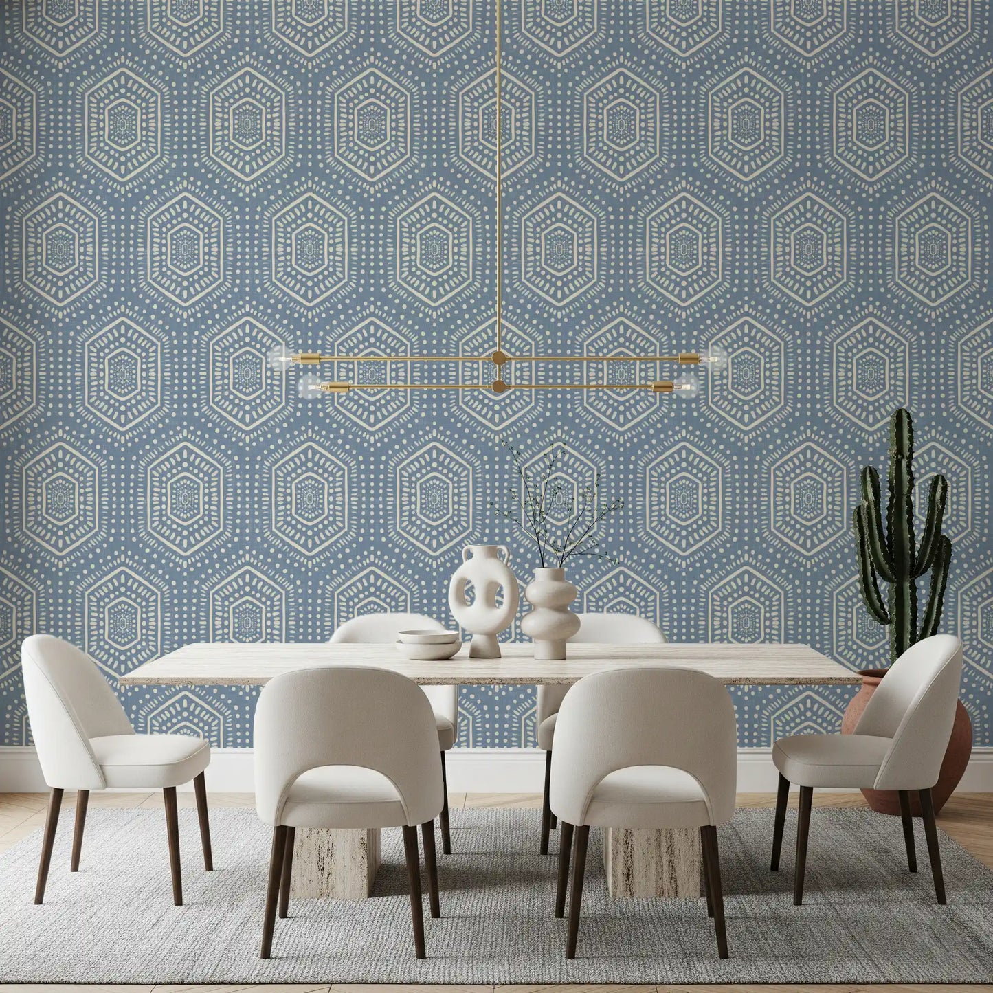 Boho-Gemälde – Abstrakte Mudcloth-Hexagone, ethnisches geometrisches Muster, Jeansjacke-Blau, Tapete