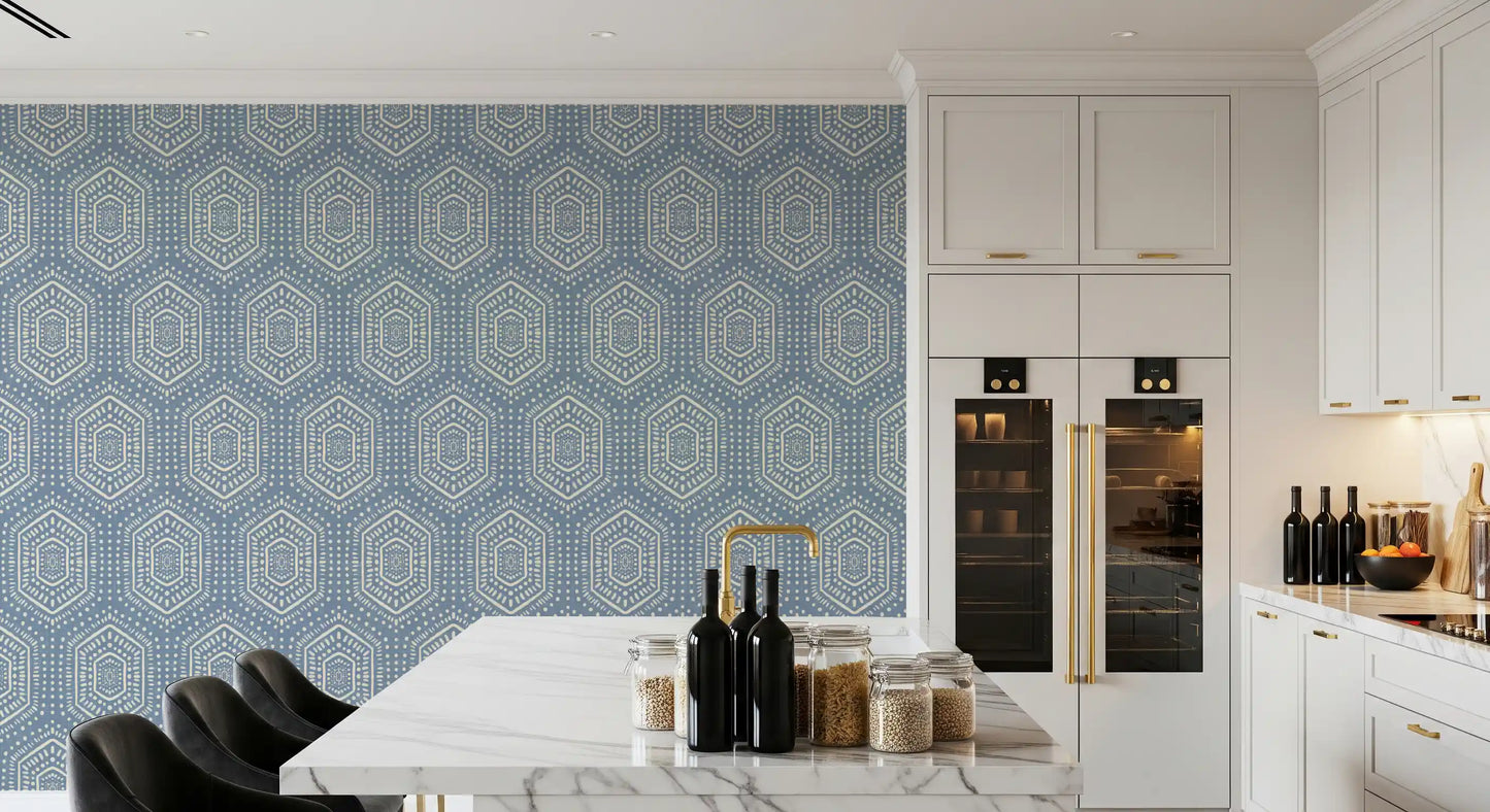 Boho-Gemälde – Abstrakte Mudcloth-Hexagone, ethnisches geometrisches Muster, Jeansjacke-Blau, Tapete
