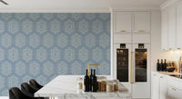 Boho-Gemälde – Abstrakte Mudcloth-Hexagone, ethnisches geometrisches Muster, Jeansjacke-Blau, Tapete