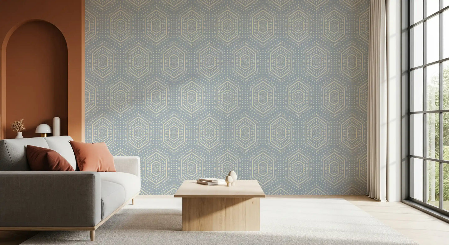 Boho Painted – abstrakte Mudcloth-sekskanter med etnisk geometrisk mønster i franskblå tapet