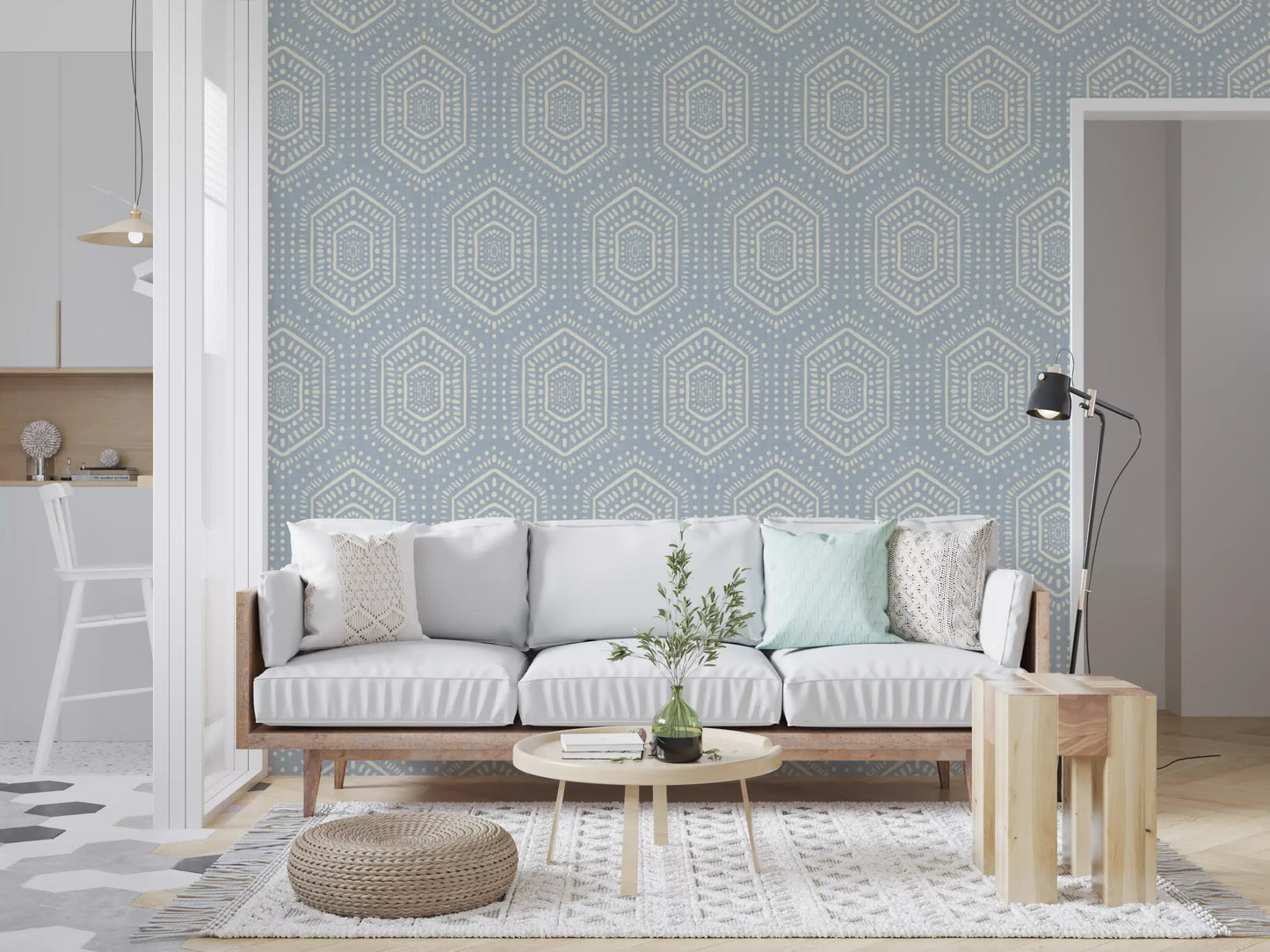 Boho Painted – abstrakte Mudcloth-sekskanter med etnisk geometrisk mønster i franskblå tapet