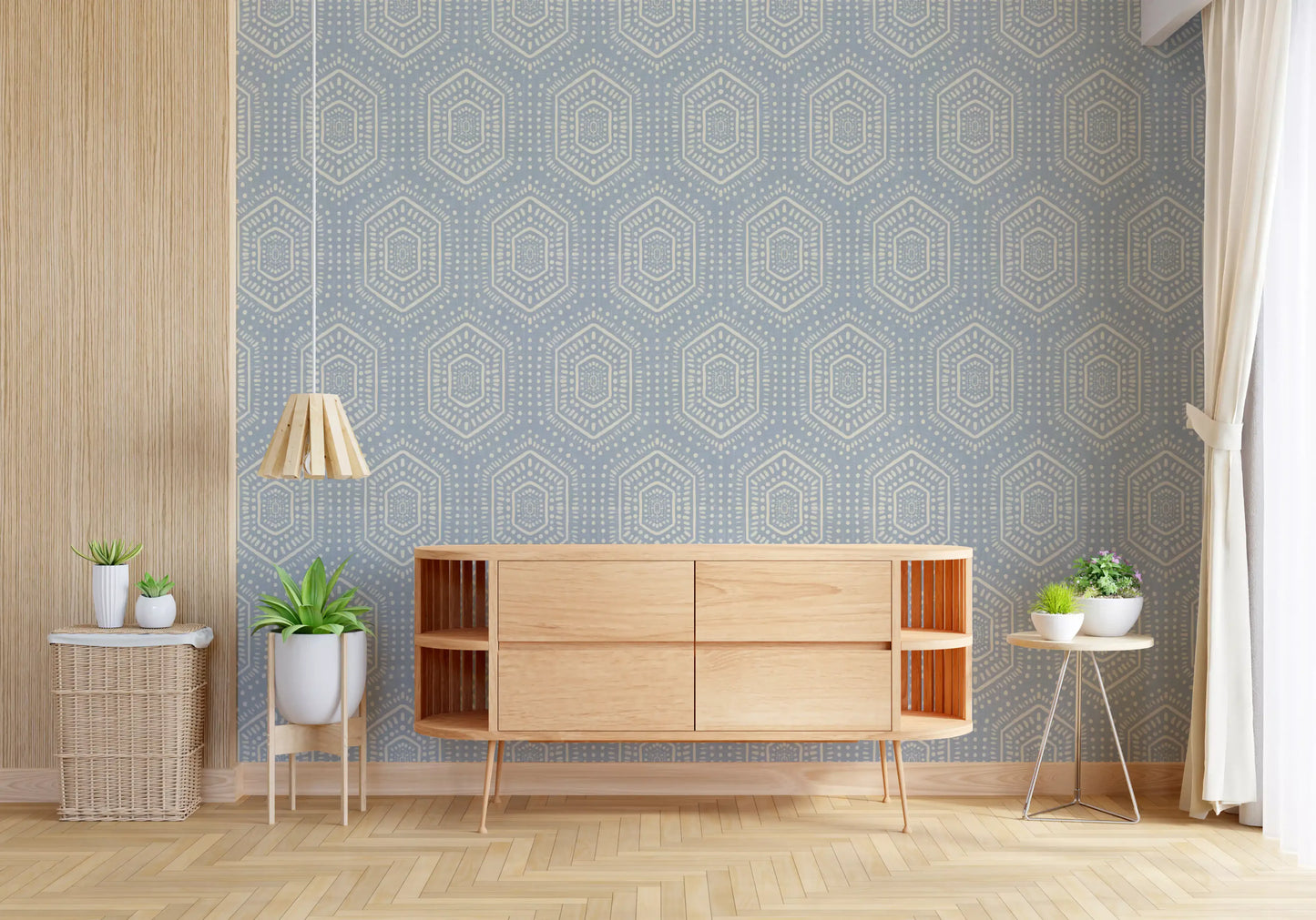 Boho Painted – abstrakte Mudcloth-sekskanter med etnisk geometrisk mønster i franskblå tapet