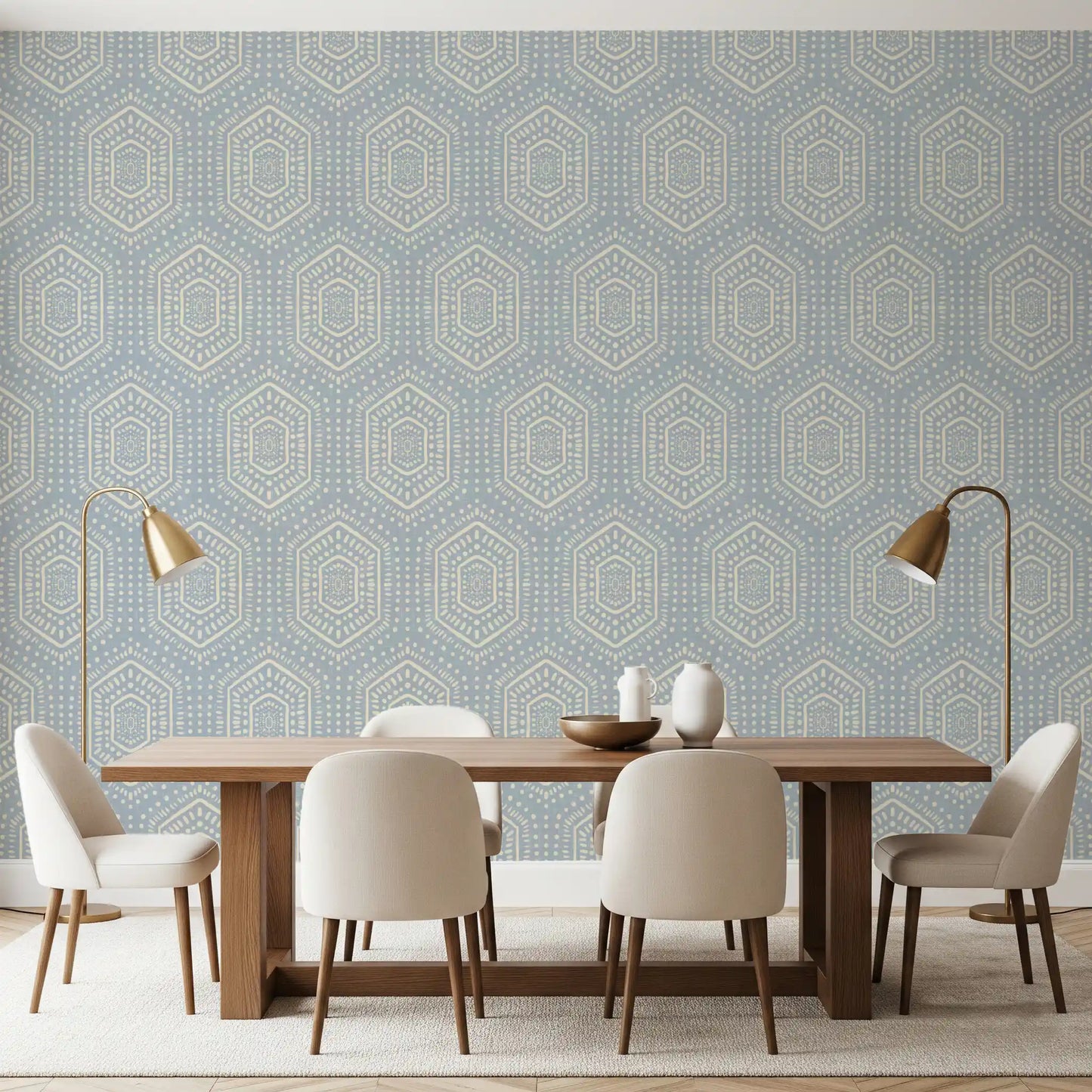 Boho Painted – abstrakte Mudcloth-sekskanter med etnisk geometrisk mønster i franskblå tapet