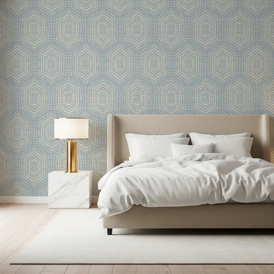 Boho Painted - Abstract Mudcloth Hexagons Tribal Geometric Pattern French Blue Wallpaper⁠