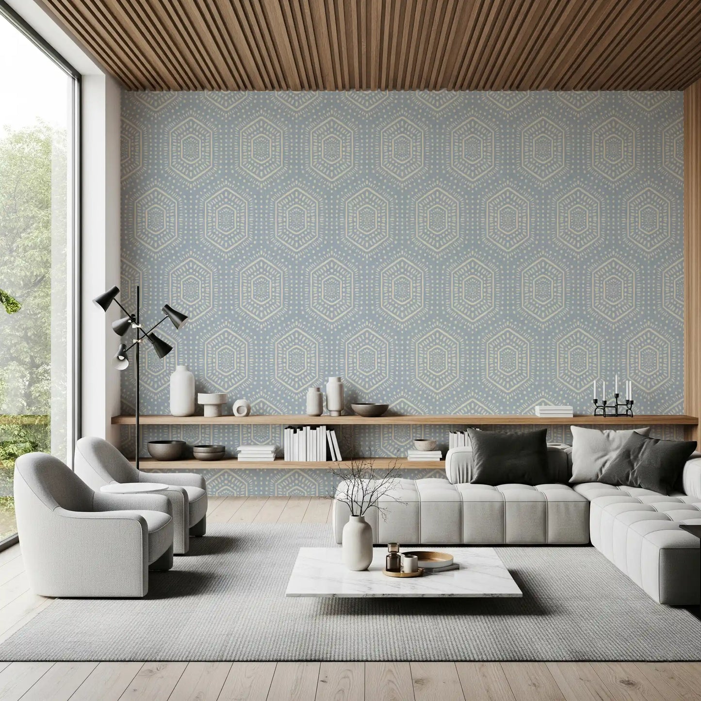 Boho Painted – abstrakte Mudcloth-sekskanter med etnisk geometrisk mønster i franskblå tapet