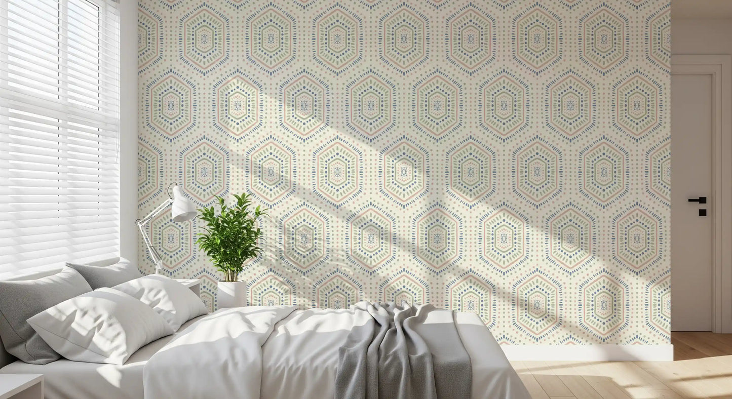 Boho-malede sekskanter – abstrakt mudcloth-inspireret, tribalistisk geometrisk mønster, grandmillennial-tapet