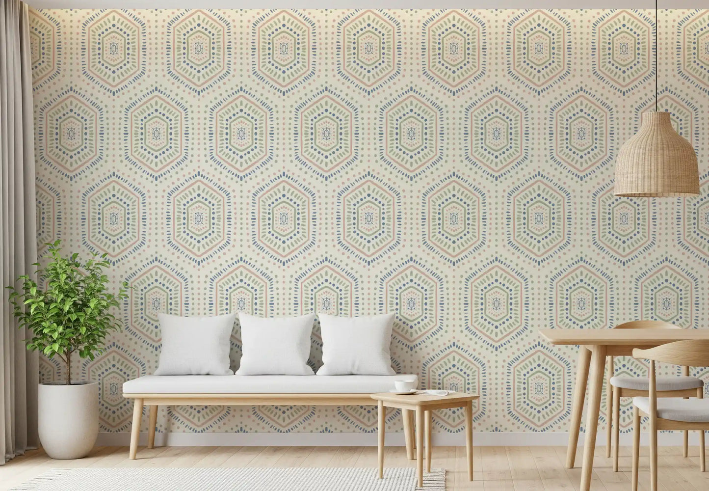 Boho-malede sekskanter – abstrakt mudcloth-inspireret, tribalistisk geometrisk mønster, grandmillennial-tapet