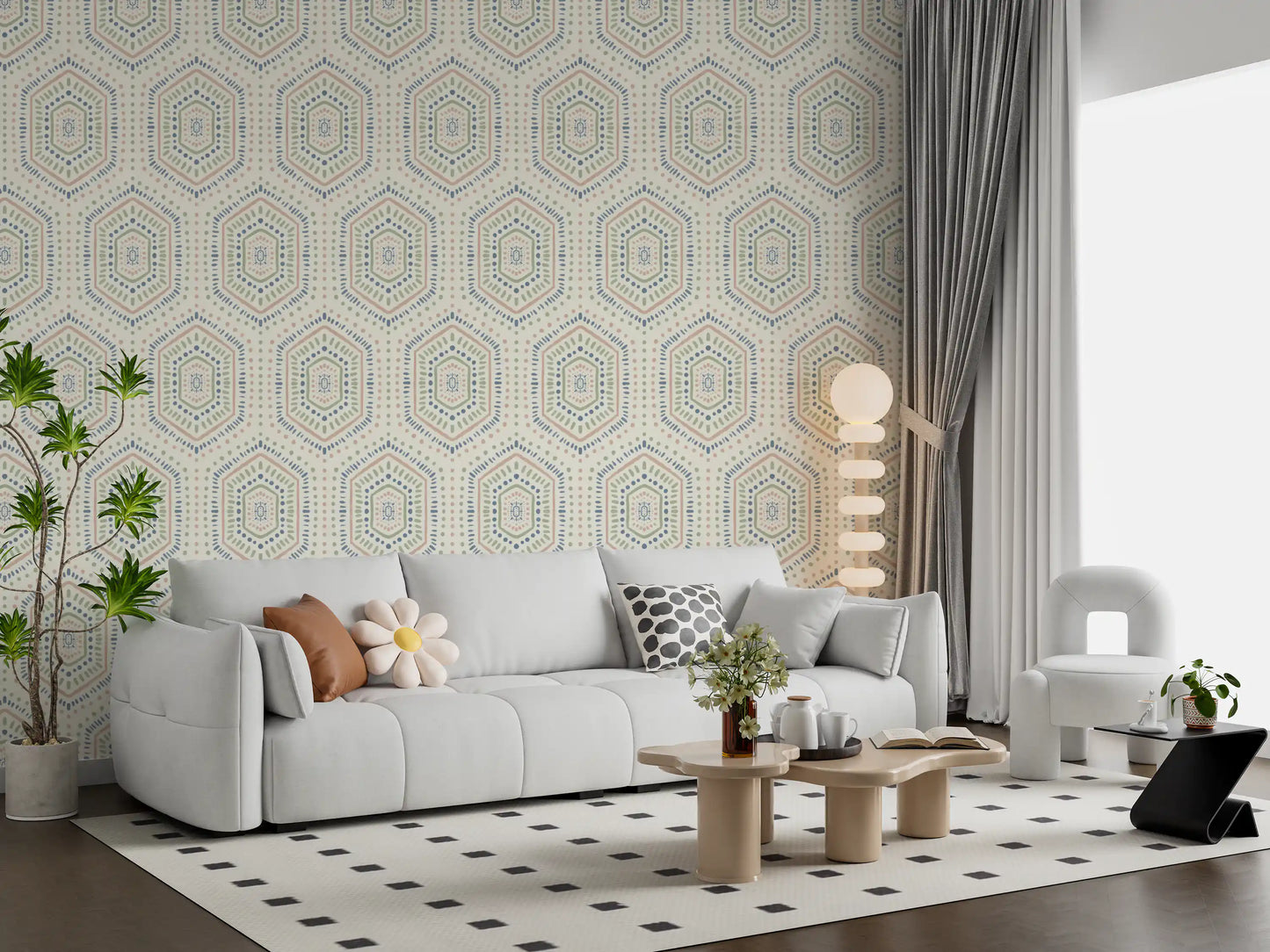 Boho-malede sekskanter – abstrakt mudcloth-inspireret, tribalistisk geometrisk mønster, grandmillennial-tapet