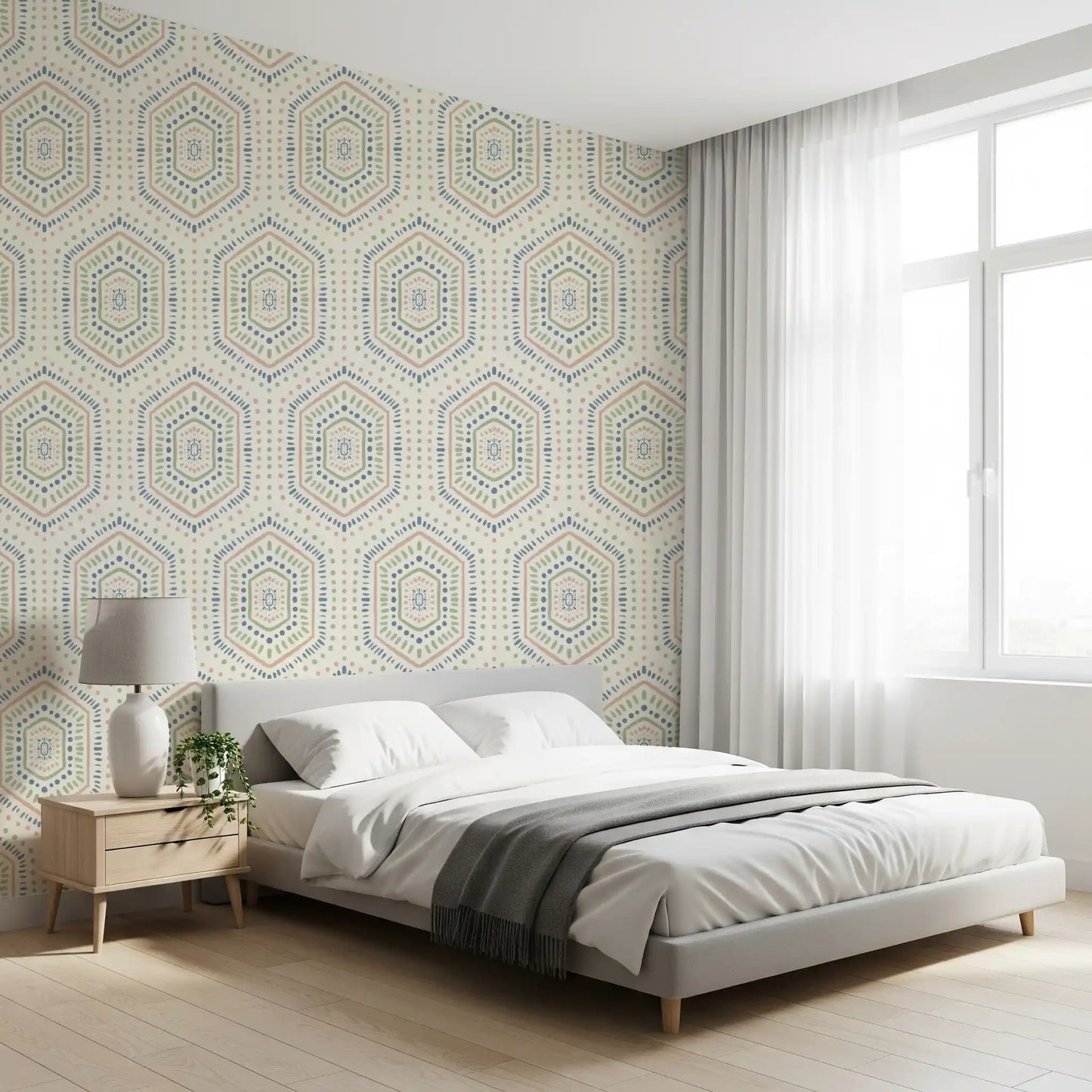 Boho-malede sekskanter – abstrakt mudcloth-inspireret, tribalistisk geometrisk mønster, grandmillennial-tapet