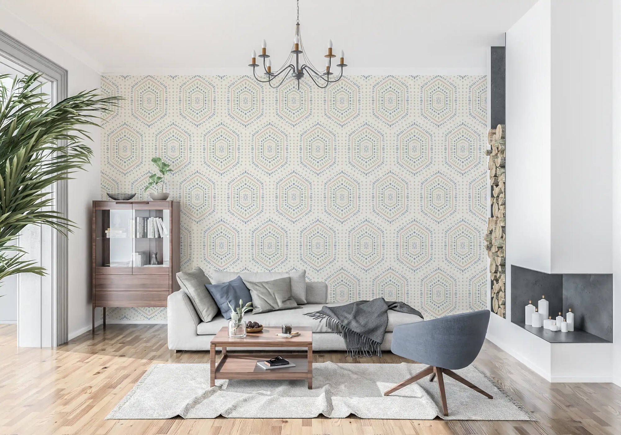 Boho Painted – Abstrakte Mudcloth-Sechsecke, Stammes-geometrisches Muster, Grandmillennial-Tapete
