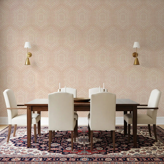 Boho Painted - Abstract Mudcloth Hexagons Tribal Geometric Pattern Cinnamon Tea Wallpaper⁠
