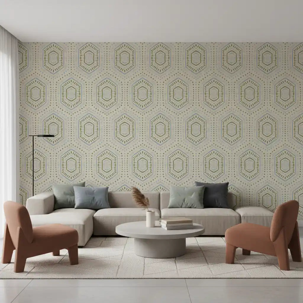 Boho Painted - Abstract Mudcloth Hexagons Tribal Geometric Pattern French Wallpaper⁠