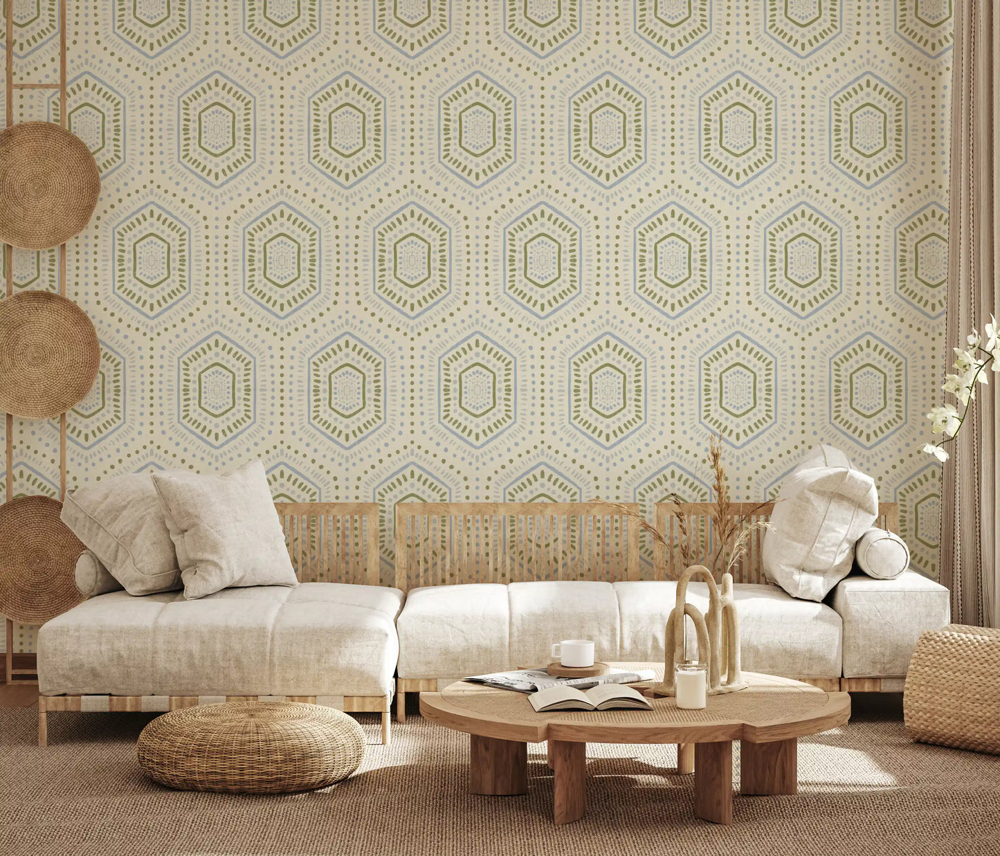 Boho Painted - Abstract Mudcloth Hexagons Tribal Geometric Pattern French Wallpaper⁠