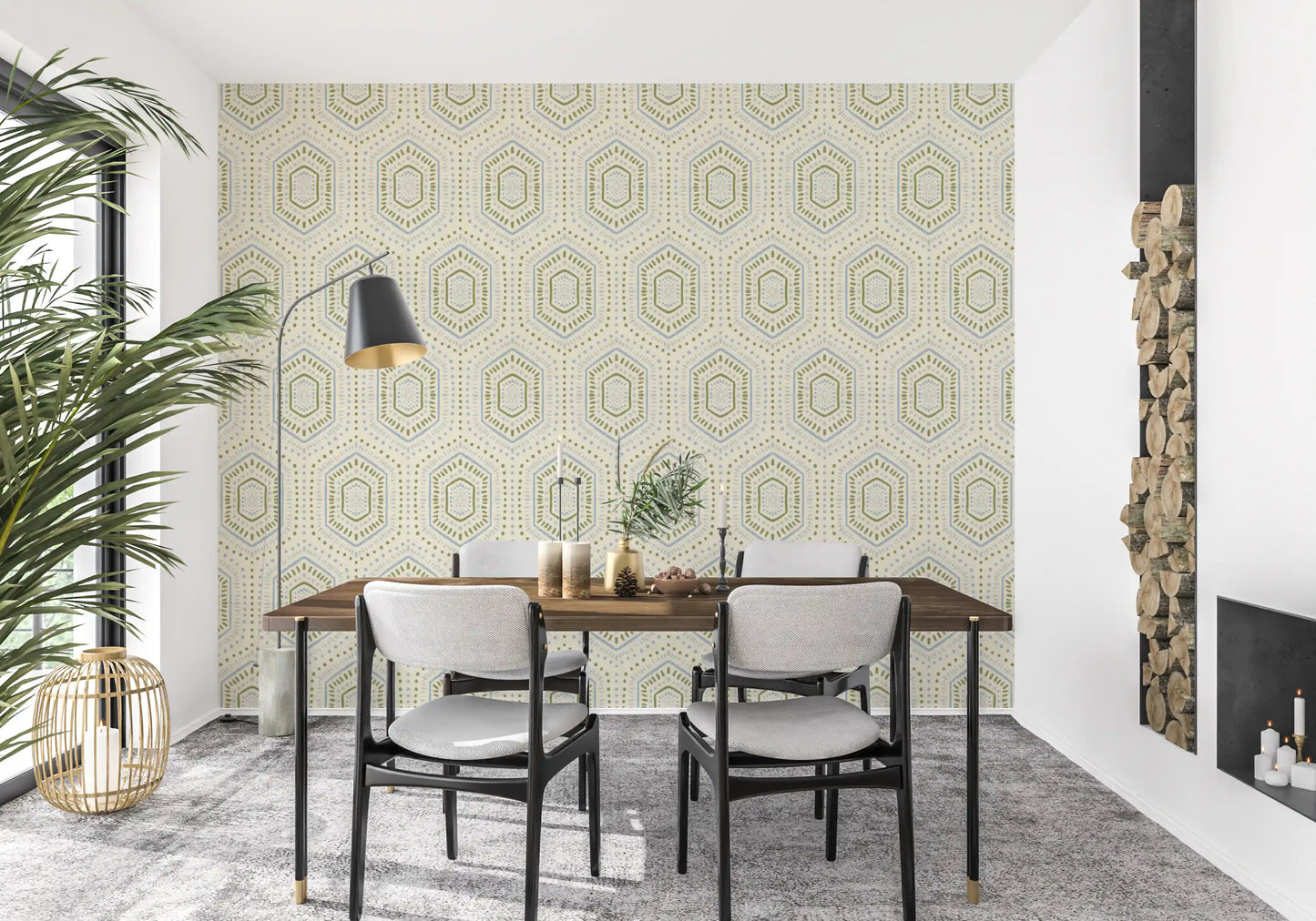 Boho Painted - Abstract Mudcloth Hexagons Tribal Geometric Pattern French Wallpaper⁠
