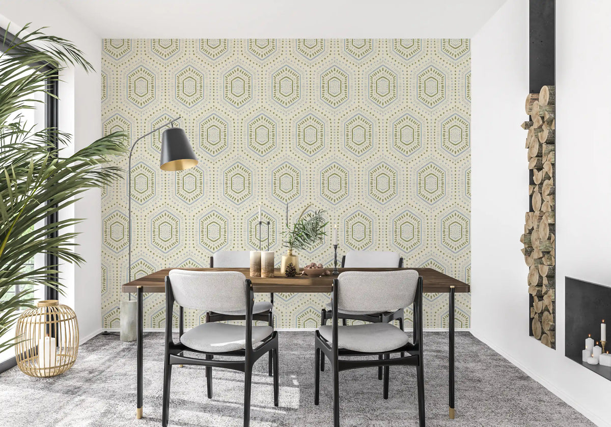 French boho hexagon wallpaper in a dining room with a wood table and black chairs GD12656