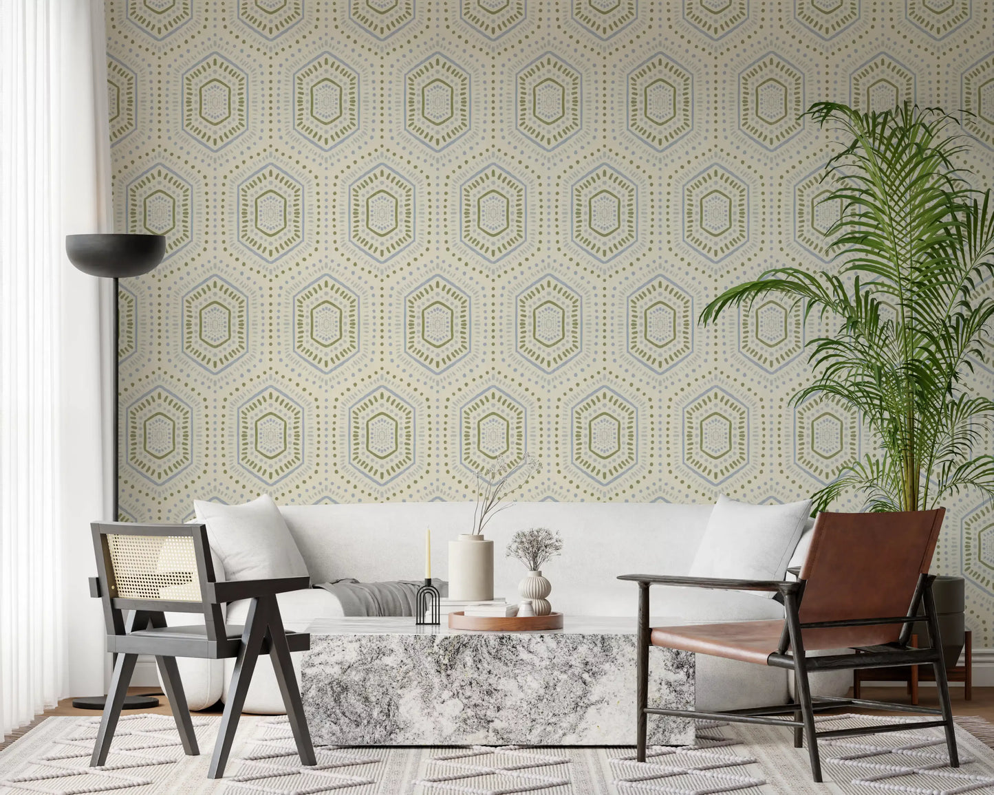 Boho Painted - Abstract Mudcloth Hexagons Tribal Geometric Pattern French Wallpaper⁠