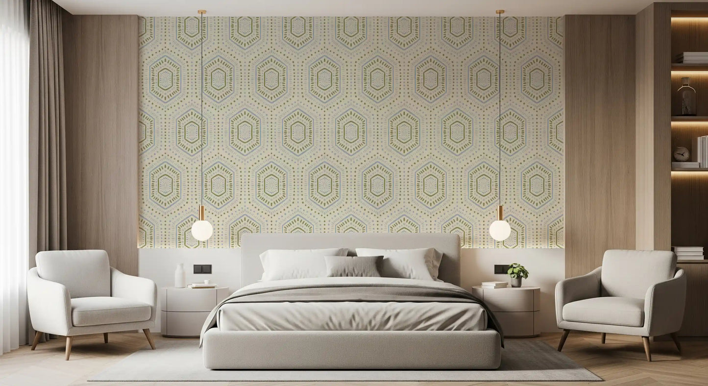 Boho Painted - Abstract Mudcloth Hexagons Tribal Geometric Pattern French Wallpaper⁠