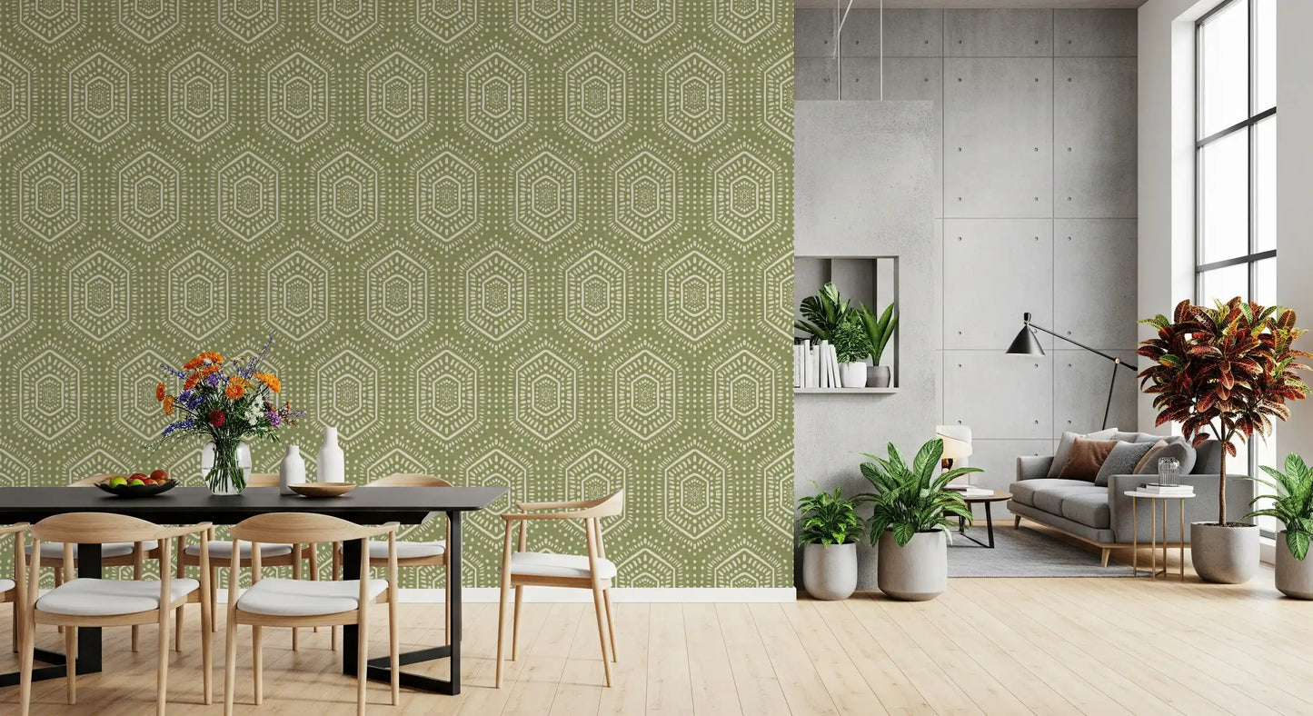Boho-malet tapet – abstrakte Mudcloth-hexagoner med et stammemæssigt geometrisk mønster i enggrønnes nuancer