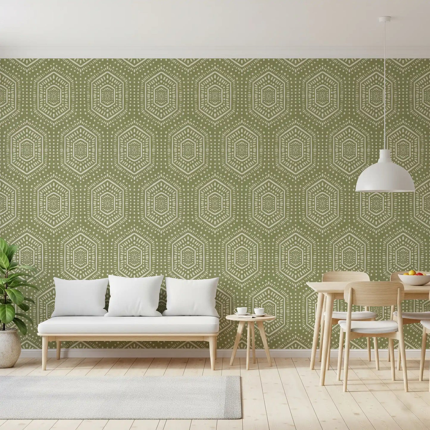 Boho-malet tapet – abstrakte Mudcloth-hexagoner med et stammemæssigt geometrisk mønster i enggrønnes nuancer