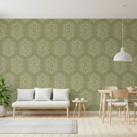 Boho-malet tapet – abstrakte Mudcloth-hexagoner med et stammemæssigt geometrisk mønster i enggrønnes nuancer