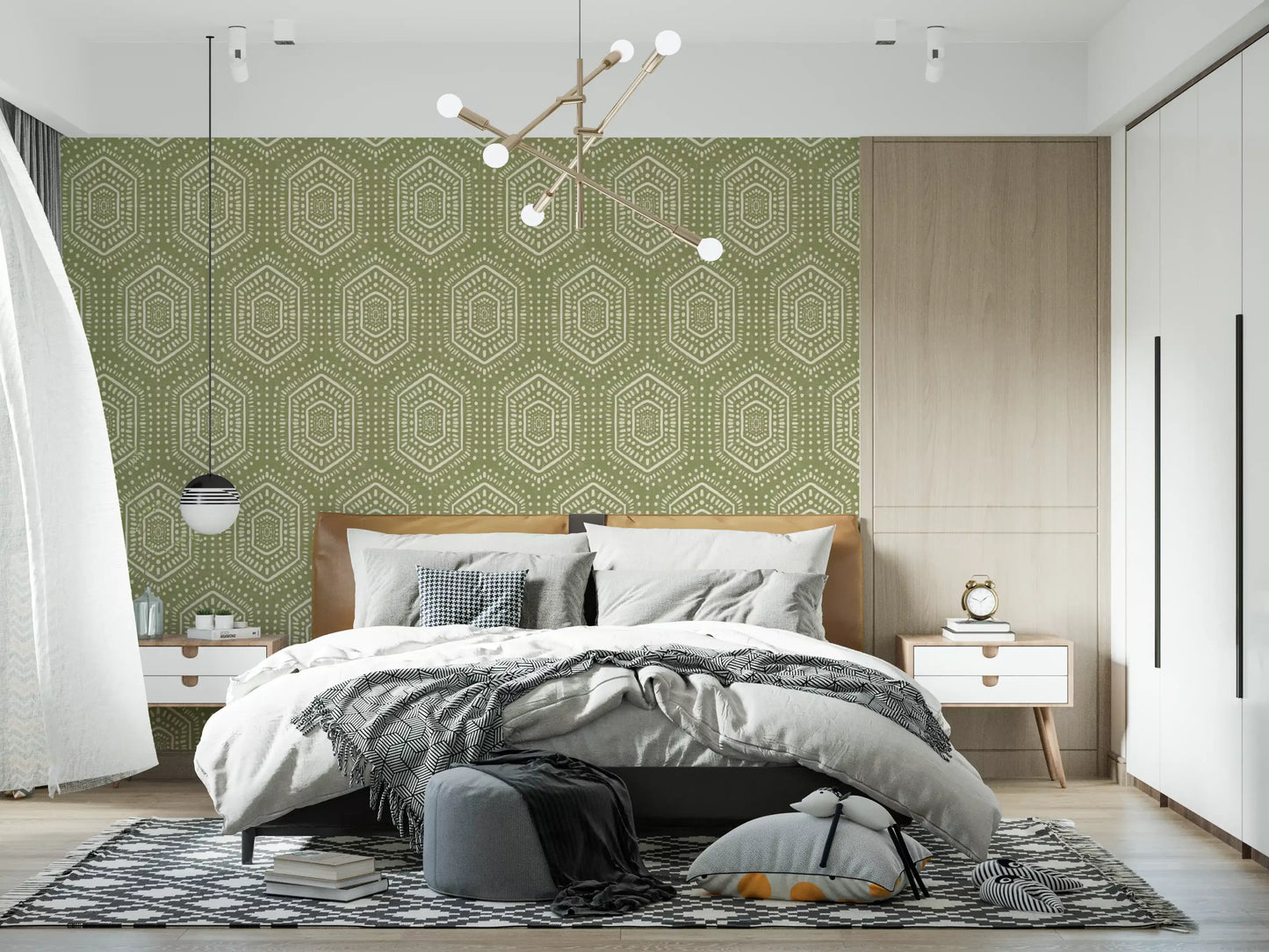 Boho-malet tapet – abstrakte Mudcloth-hexagoner med et stammemæssigt geometrisk mønster i enggrønnes nuancer