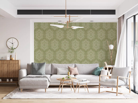 Boho dipinto – Carta da parati verde prato con motivo geometrico tribale astratto a esagoni Mudcloth