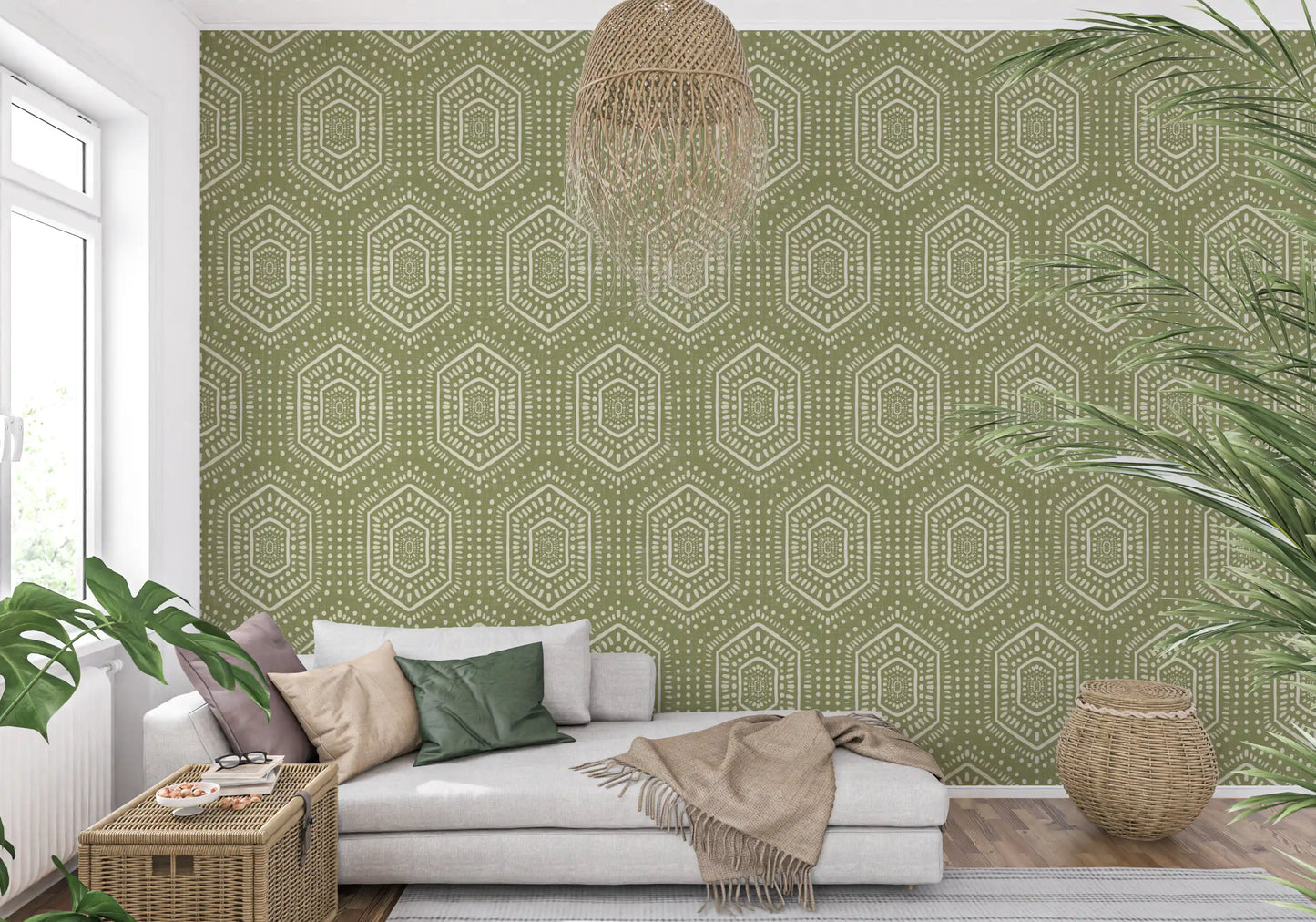 Boho-malet tapet – abstrakte Mudcloth-hexagoner med et stammemæssigt geometrisk mønster i enggrønnes nuancer