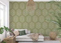 Boho-malet tapet – abstrakte Mudcloth-hexagoner med et stammemæssigt geometrisk mønster i enggrønnes nuancer